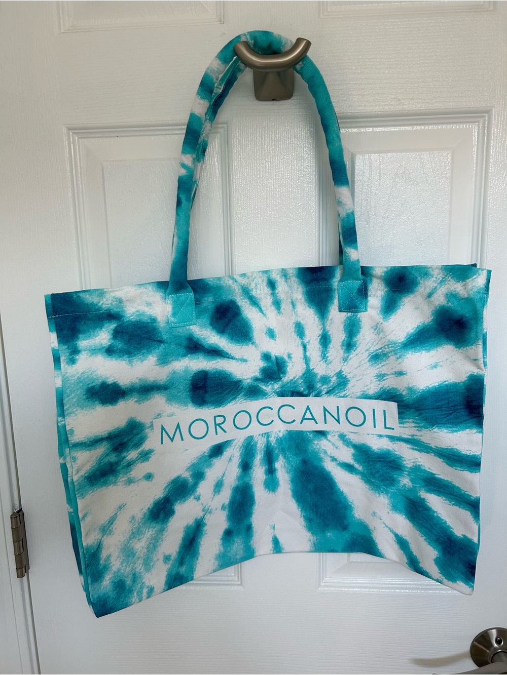Moroccanoil Teal and White Tie-Dye Canvas Tote